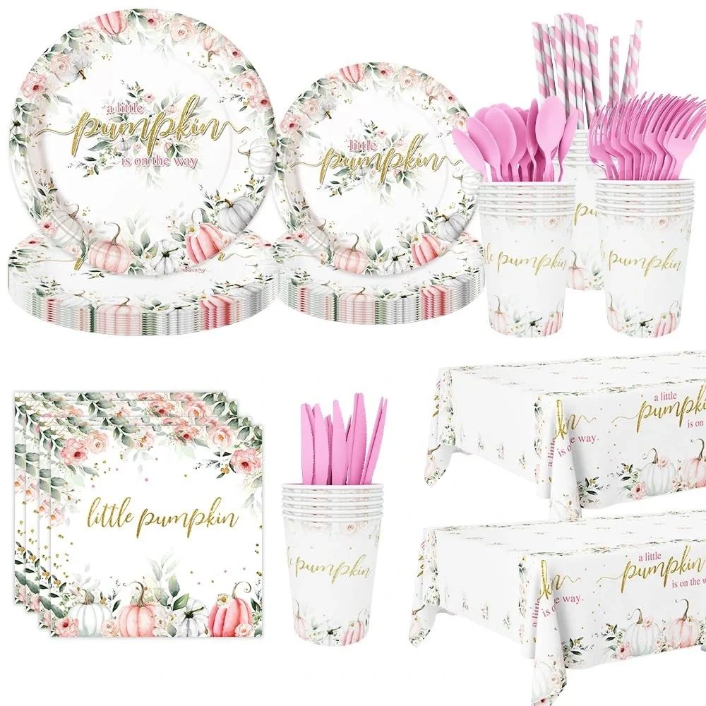 Little Pumpkin Party Supplies Set - Pink and Gold